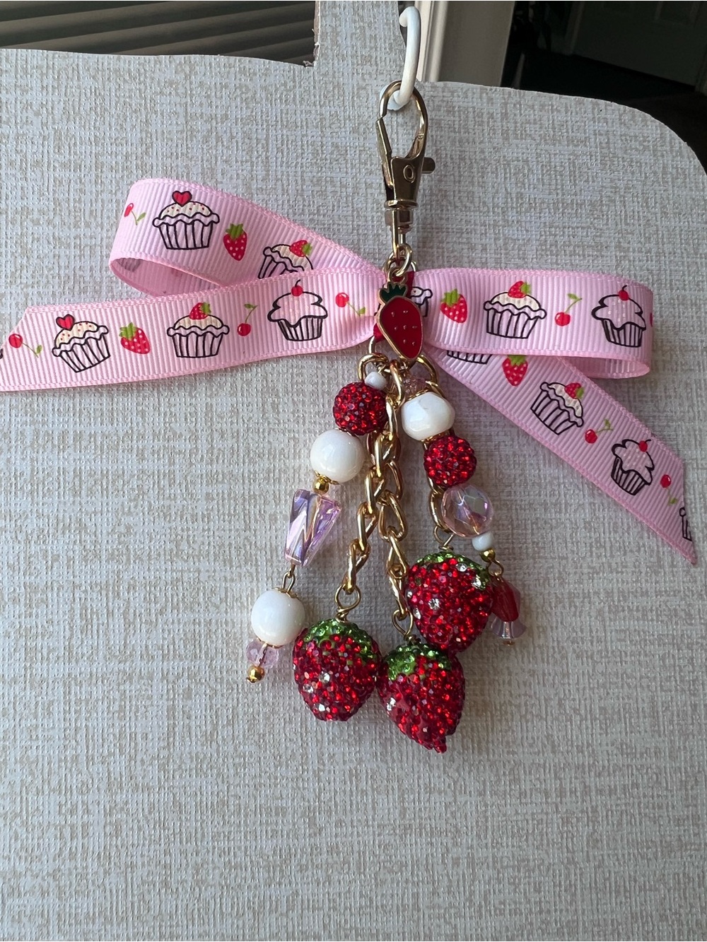 Hand Crafted Pink Strawberry Charm Keychain with Ribbon